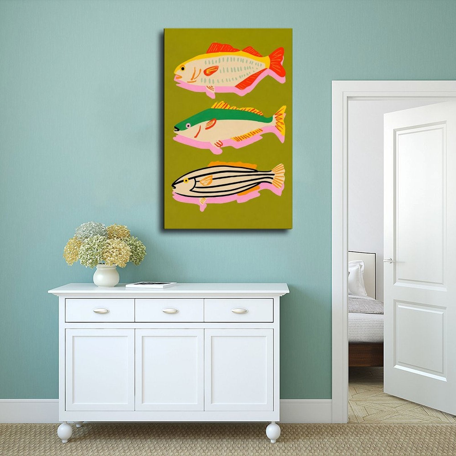 three colorful stylized fish arranged vertically in olive green, coral red, pink tones — Wrapped Canvas SCENE_02