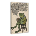 frog seated on a stool holding a steaming cup in forest green, black, cream tones — Wrapped Canvas HERO