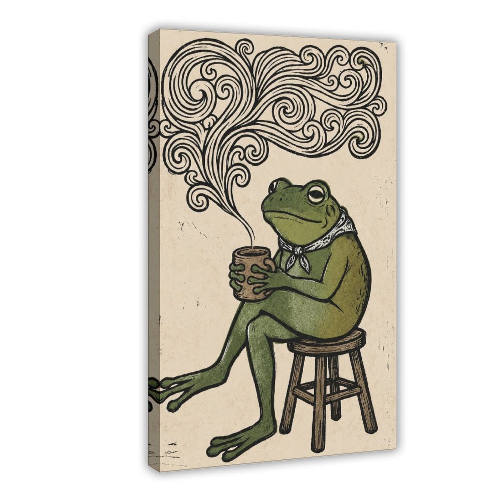 frog seated on a stool holding a steaming cup in forest green, black, cream tones — Wrapped Canvas HERO