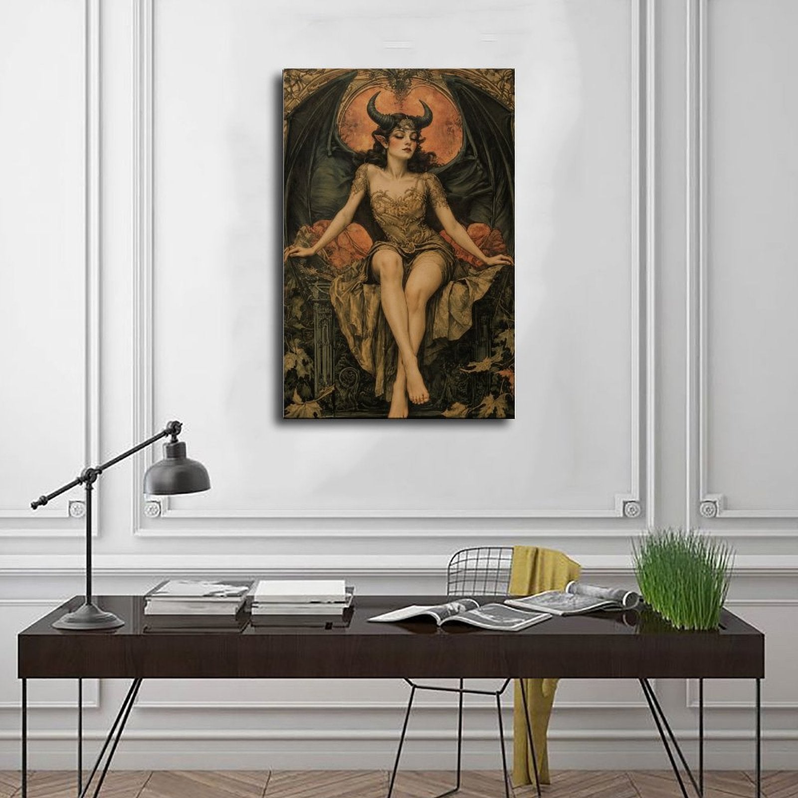 horned winged woman seated before a glowing moon in brown, black, burnt orange tones — Wrapped Canvas SCENE_01