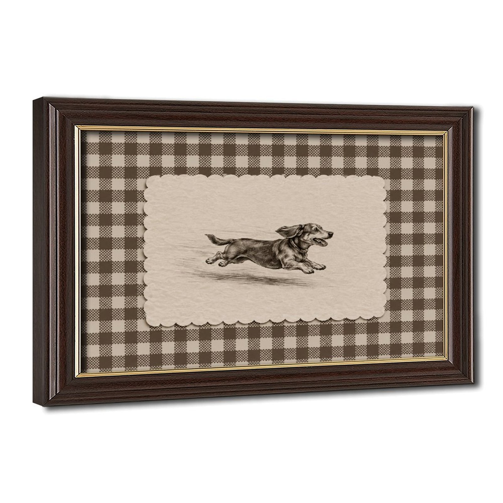 running dachshund in a vintage sketch panel in black, cream, taupe tones — Wood Grain Gold Frame HERO