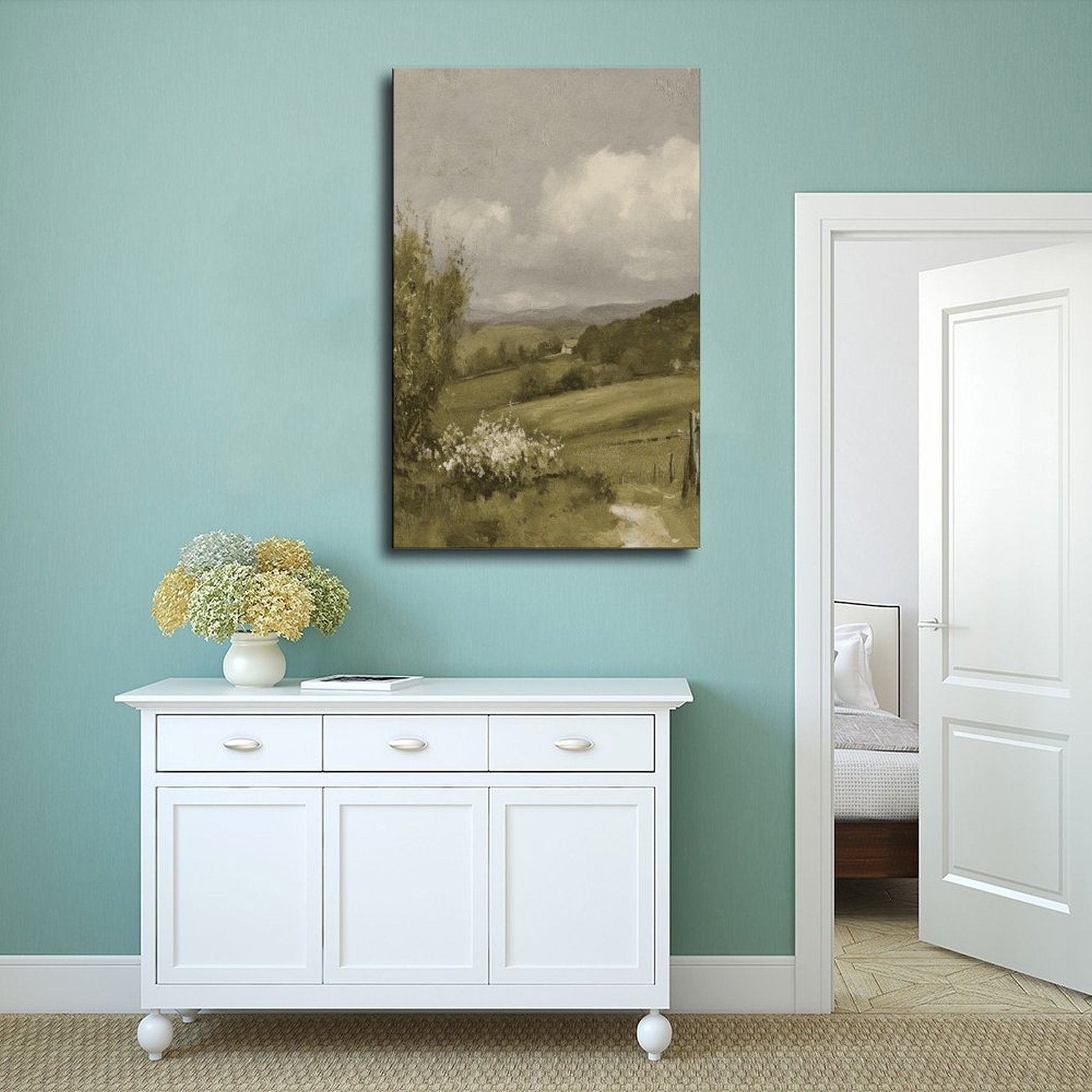 misty countryside valley with a small house and winding path in landscape painting style — Wrapped Canvas SCENE_02