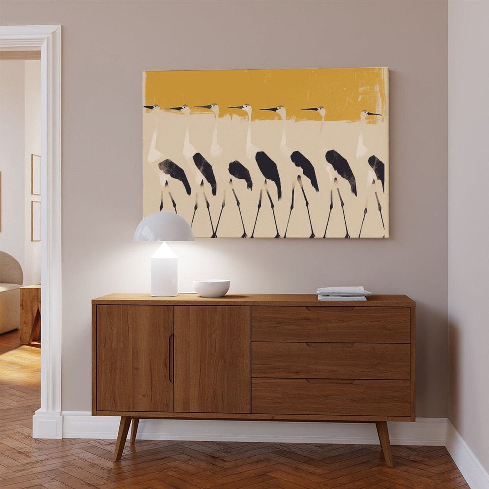 row of stylized pale birds in abstract animal art style — Wrapped Canvas SCENE_04