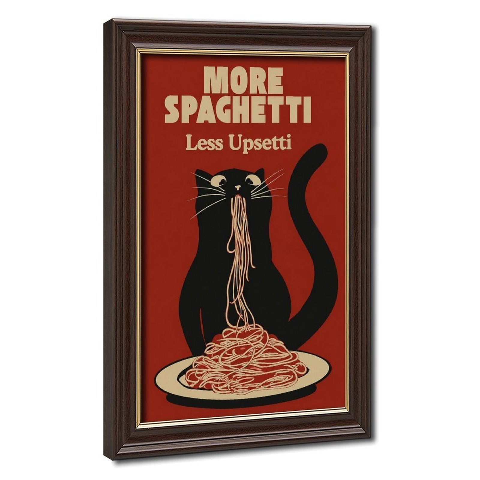 black cat eating spaghetti beneath humorous typography in brick red, black, cream tones — Wood Grain Gold Frame HERO