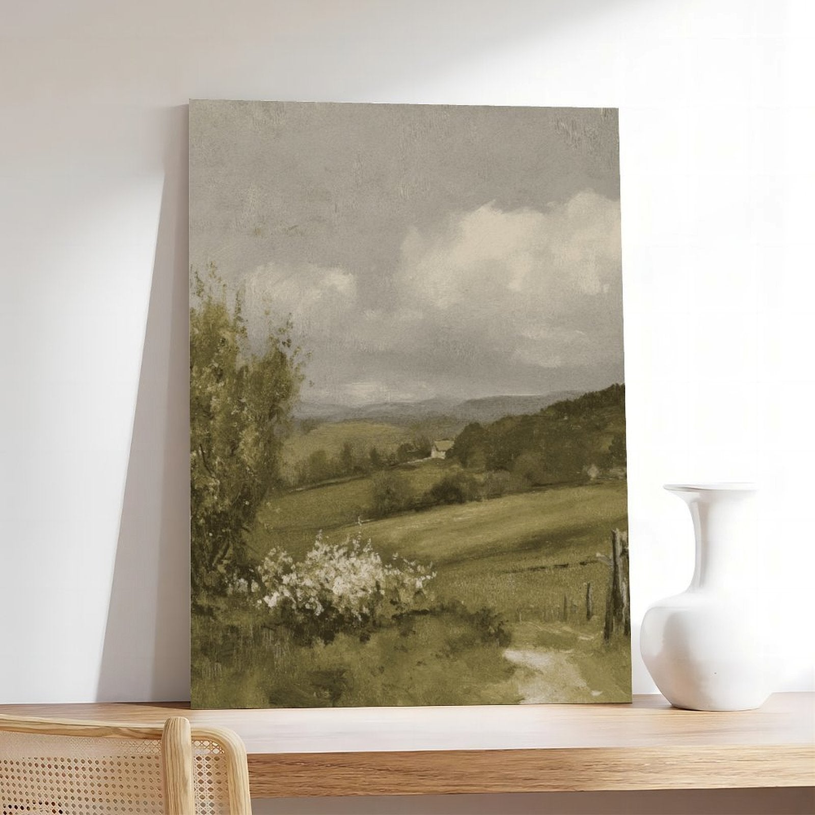 misty countryside valley with a small house and winding path in landscape painting style — Wrapped Canvas SCENE_05