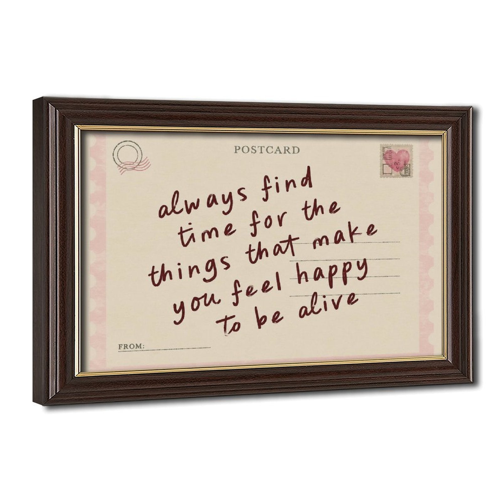 handwritten uplifting quote on a pink vintage postcard in pink, cream, burgundy tones — Wood Grain Gold Frame HERO