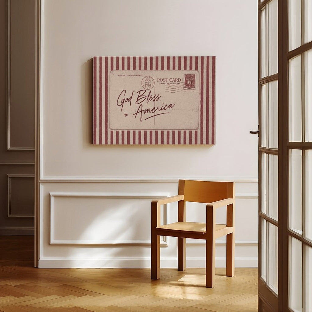 vintage patriotic postcard with God Bless America lettering in typography art style — Wrapped Canvas SCENE_06