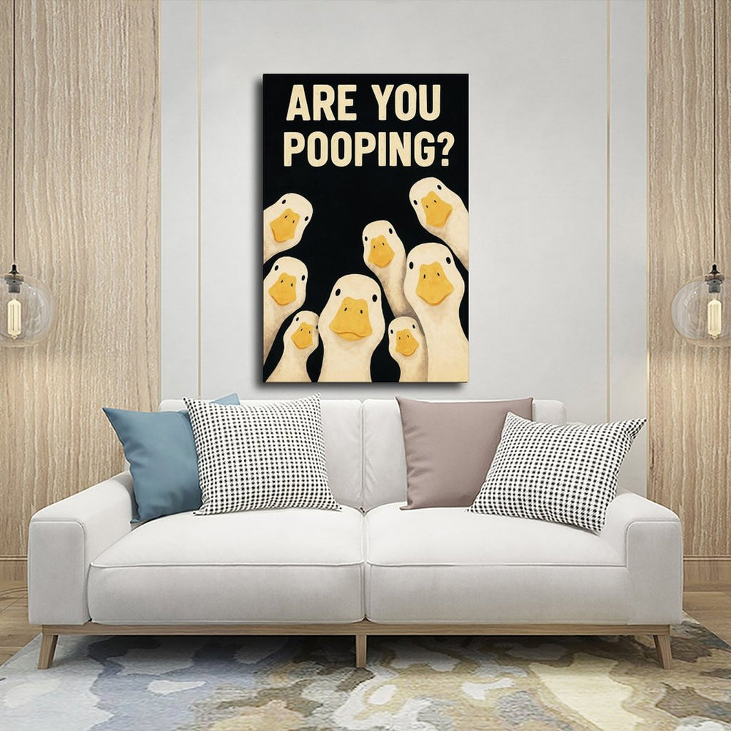 group of white ducks beneath bold bathroom typography in black, cream, yellow tones — Wrapped Canvas SCENE_03