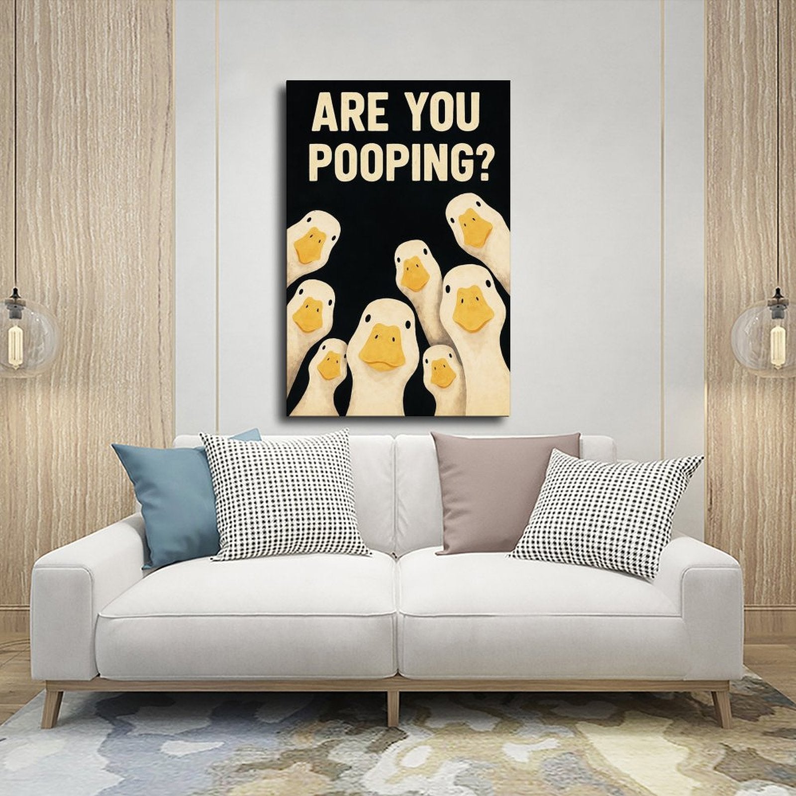 group of white ducks beneath bold bathroom typography in black, cream, yellow tones — Wrapped Canvas SCENE_03