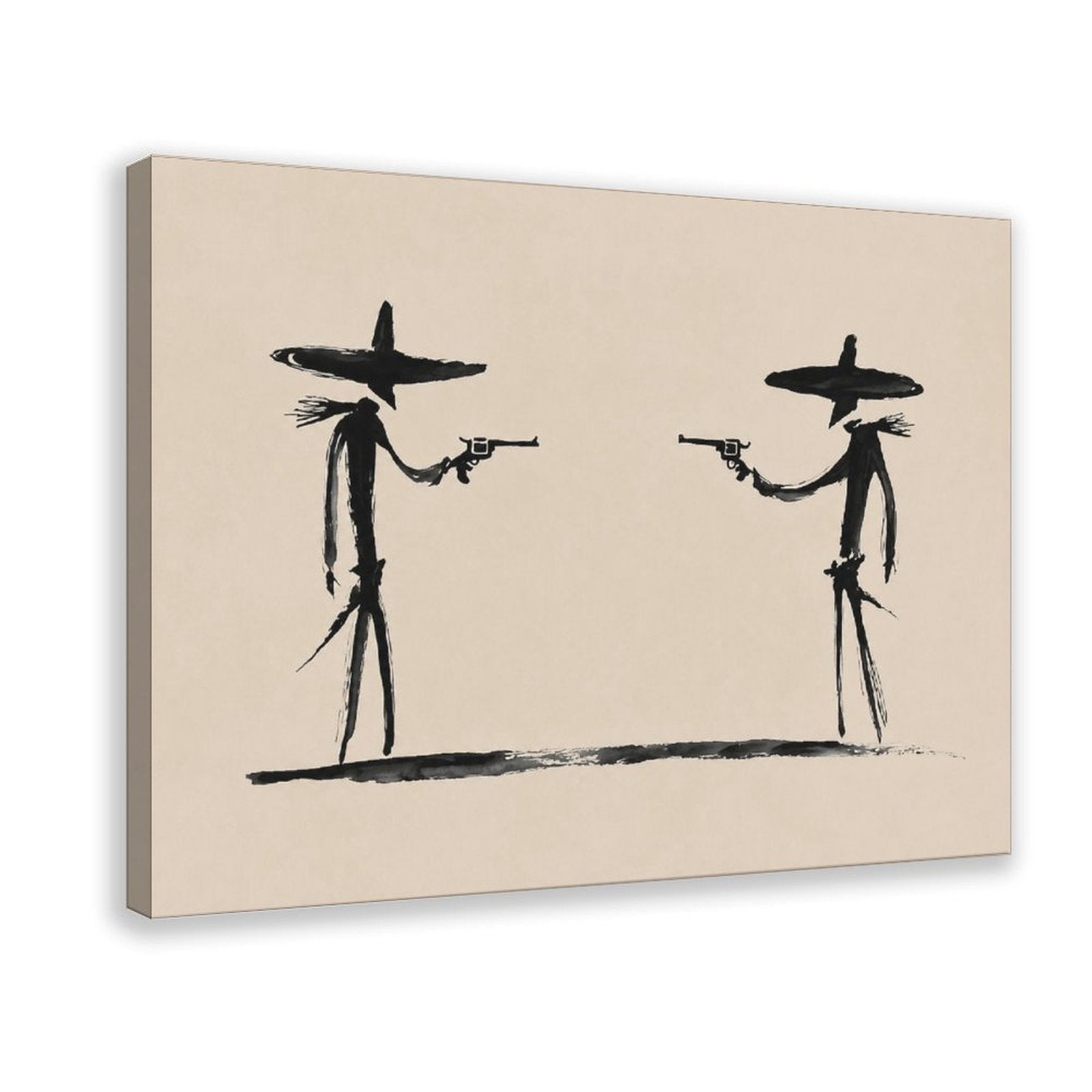 two stylized cowboys facing each other with revolvers in black, warm cream tones — Wrapped Canvas HERO