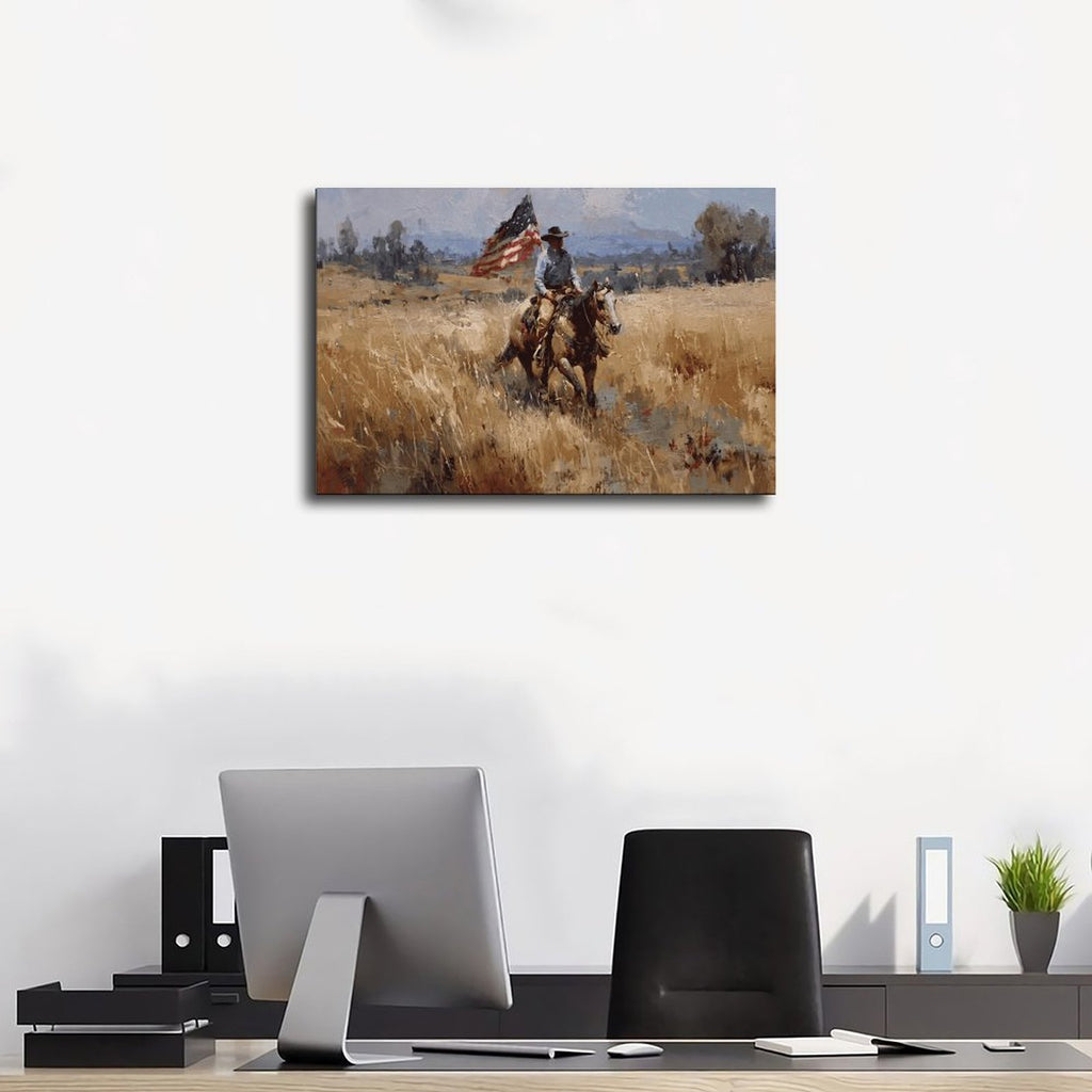 cowboy rider on horseback carrying an American flag in western landscape art style — Wrapped Canvas SCENE_01