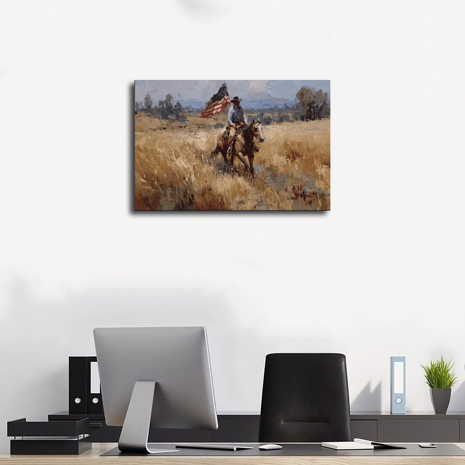 cowboy rider on horseback carrying an American flag in western landscape art style — Wrapped Canvas SCENE_01