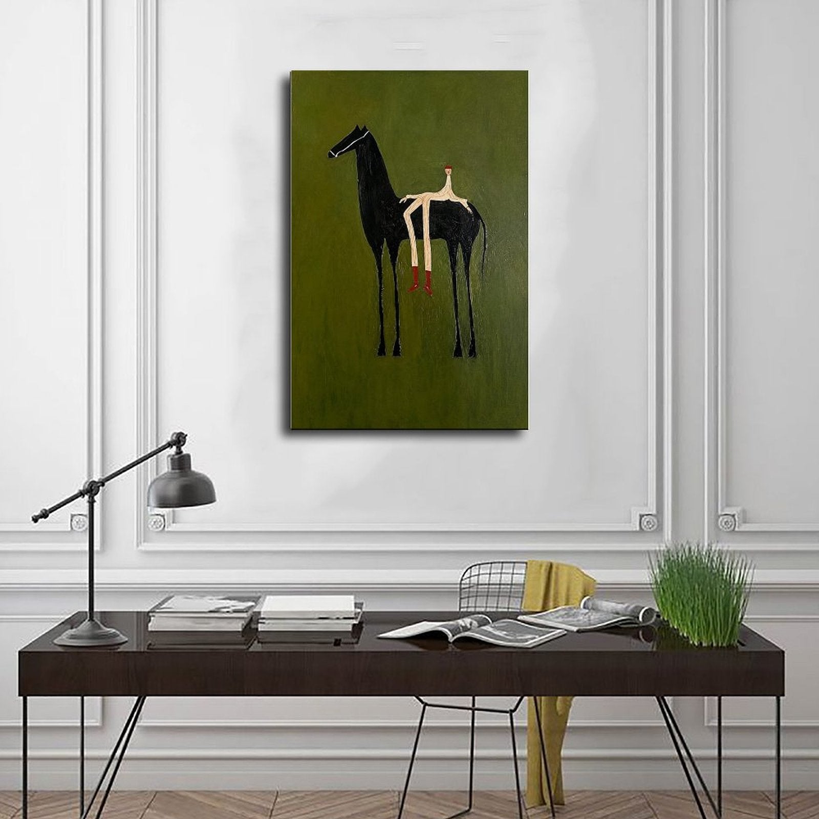 Stylized black horse with an elongated seated rider on an olive green background — Wrapped Canvas SCENE_01