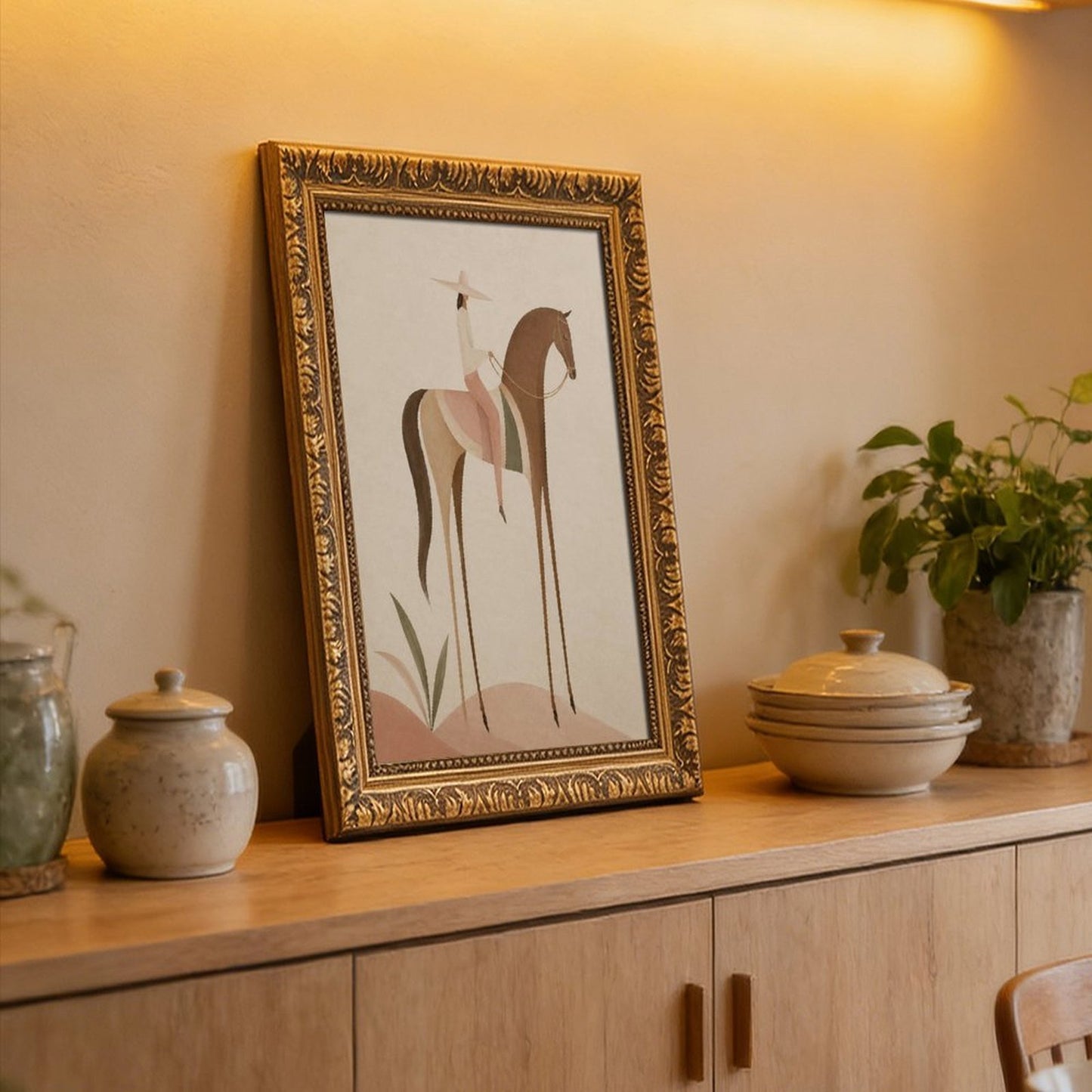 Soft Blush Long Horse canvas wall art featuring a graceful long-limbed horse in soft blush pink, warm beige, muted cream tones, displayed in the Vintage Pattern Gold Frame style