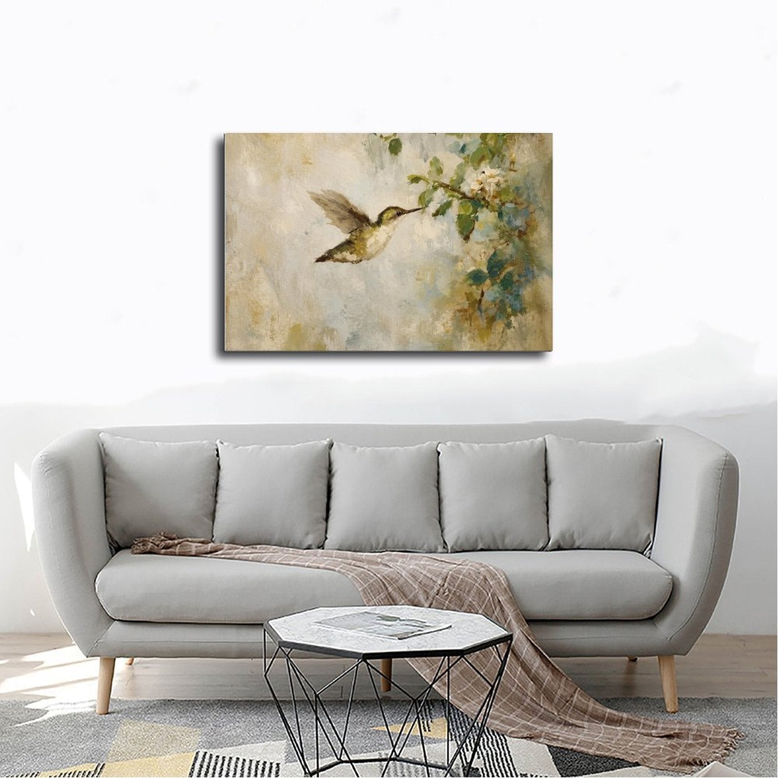 hummingbird hovering beside pale blossoms in cream, sage green, soft blue tones — Wrapped Canvas SCENE_02
