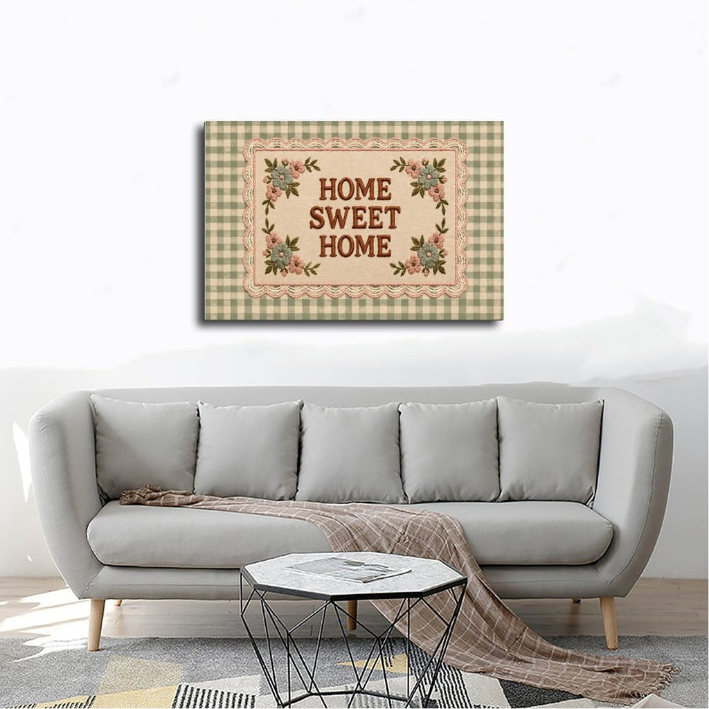 floral sampler typography on green gingham in sage green, cream, dusty pink tones — Wrapped Canvas SCENE_02