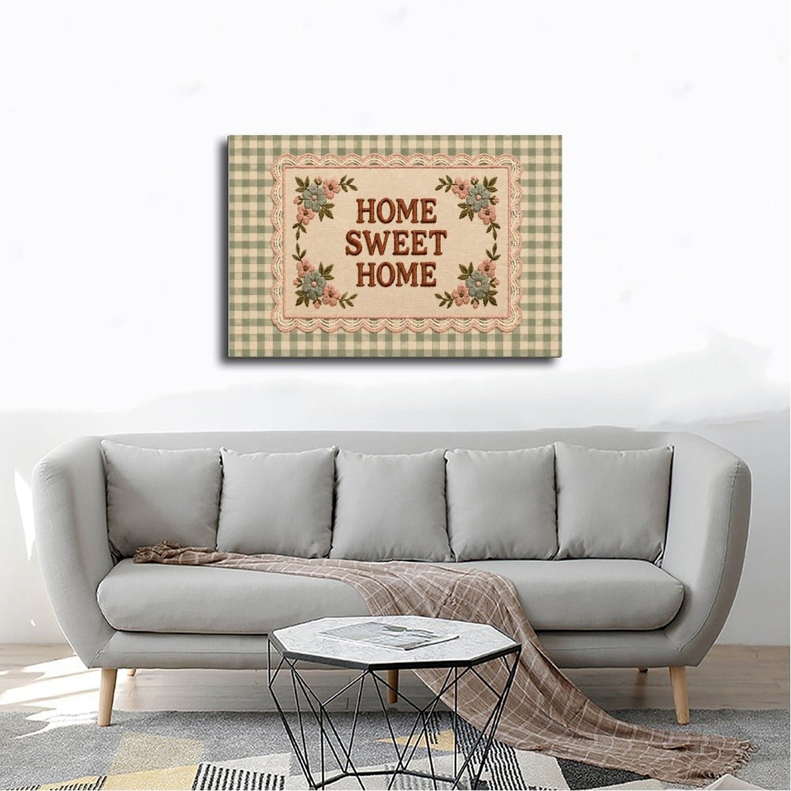 floral sampler typography on green gingham in sage green, cream, dusty pink tones — Wrapped Canvas SCENE_02
