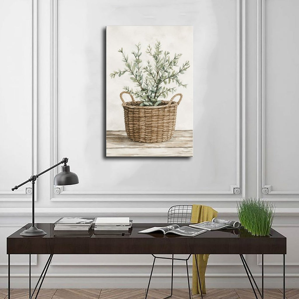 woven basket with silvery green leafy branches in sage green, warm beige, cream tones — Wrapped Canvas SCENE_01