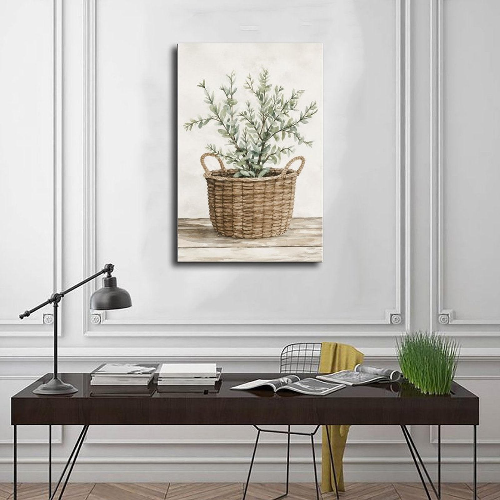 woven basket with silvery green leafy branches in sage green, warm beige, cream tones — Wrapped Canvas SCENE_01