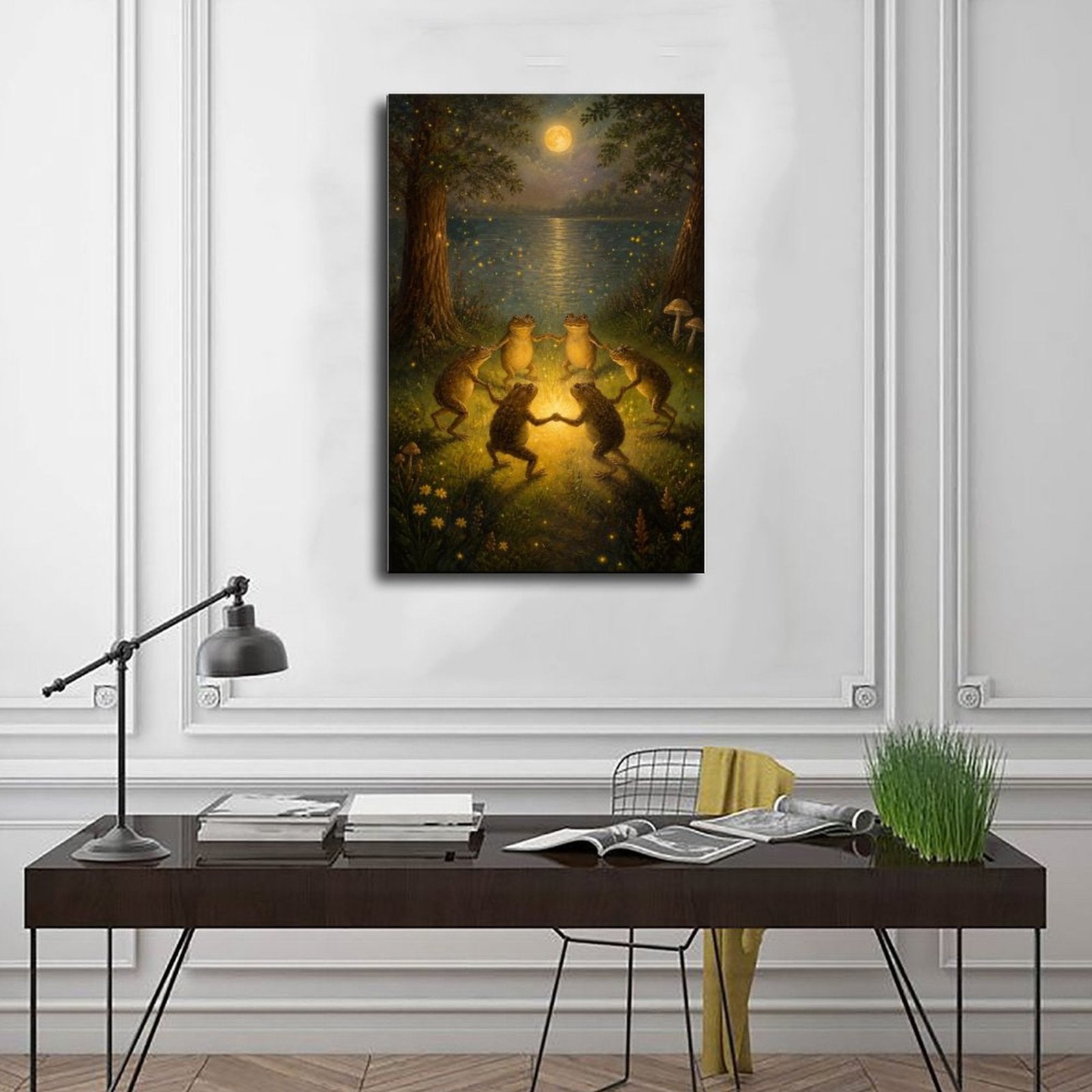 four frogs dancing around a glowing light by a moonlit pond in deep green, golden yellow, moonlit blue tones — Wrapped Canvas SCENE_01