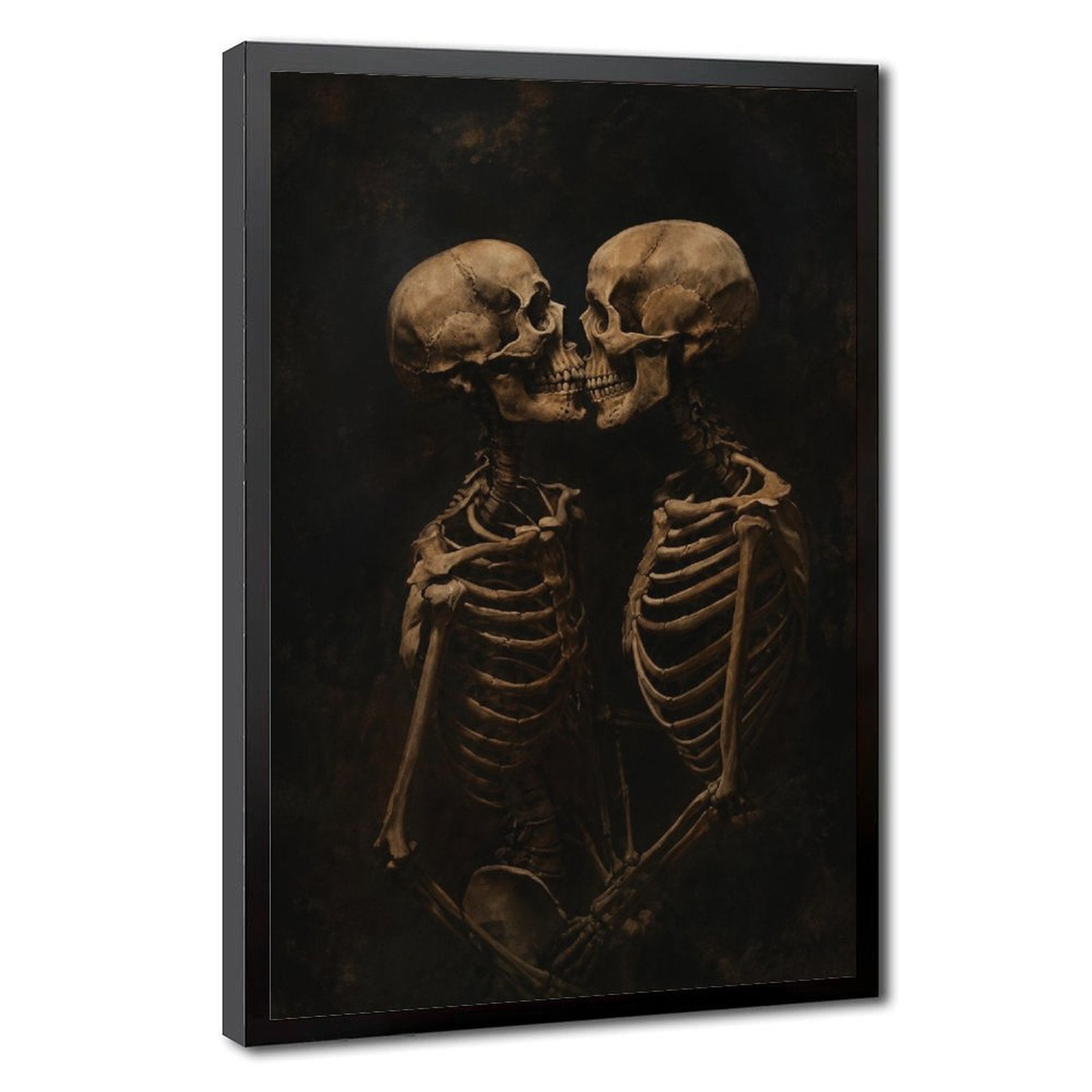 two skeletons leaning together in a kiss in black, bone beige, deep brown tones — Black Frame HERO