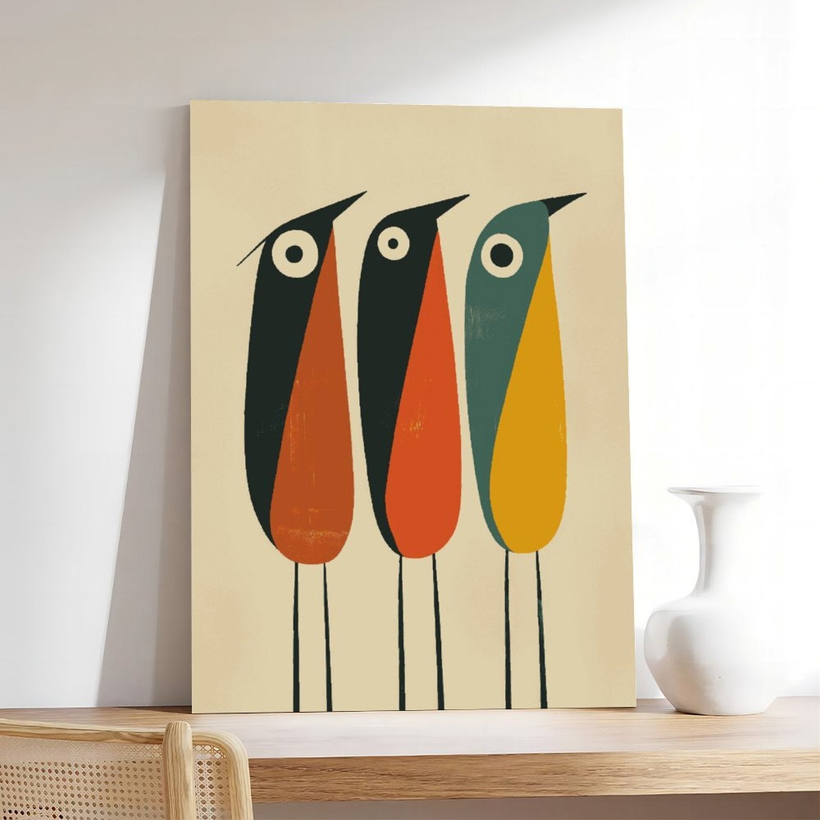 three stylized long-beaked birds in geometric illustration style — Wrapped Canvas SCENE_05