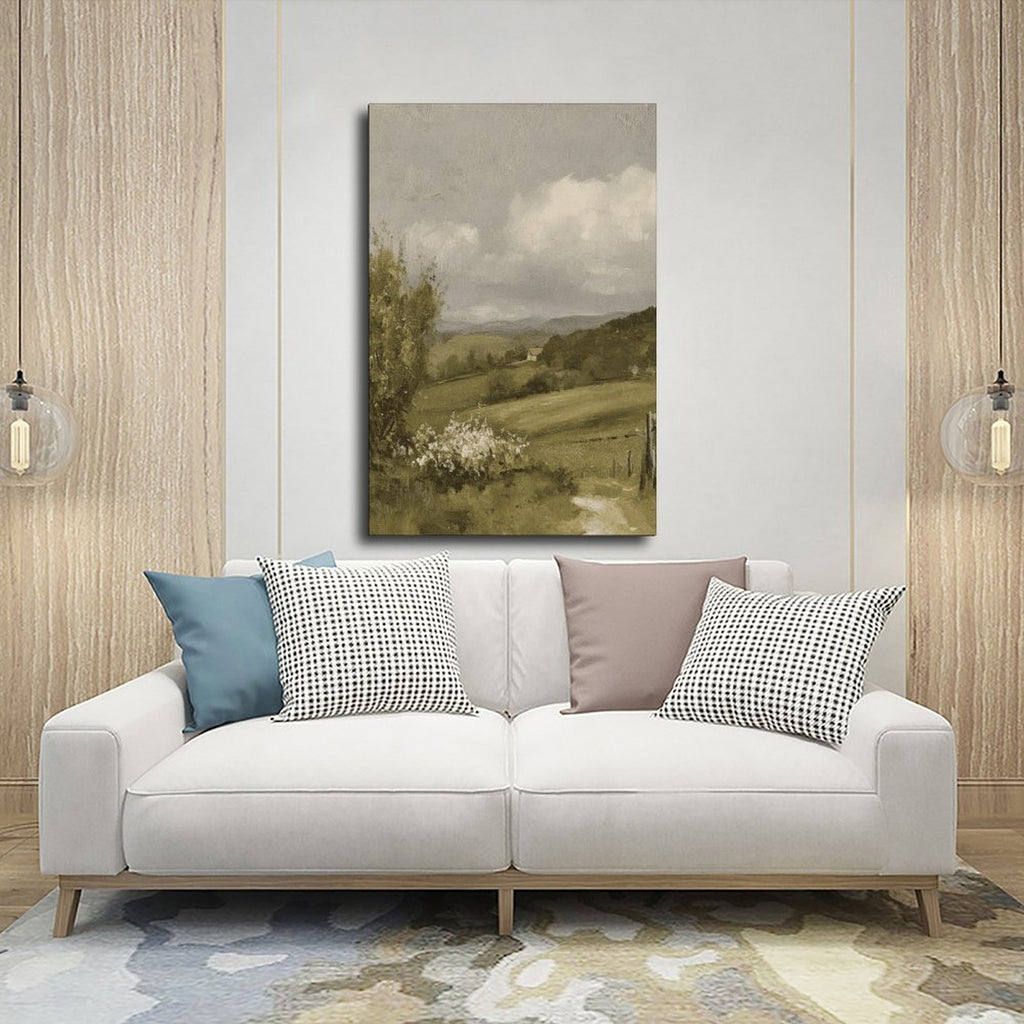 misty countryside valley with a small house and winding path in landscape painting style — Wrapped Canvas SCENE_03