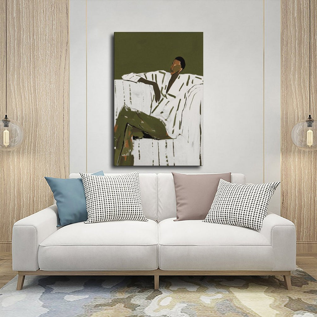 seated man in a white shirt and olive trousers in minimalist figurative art style — Wrapped Canvas SCENE_03