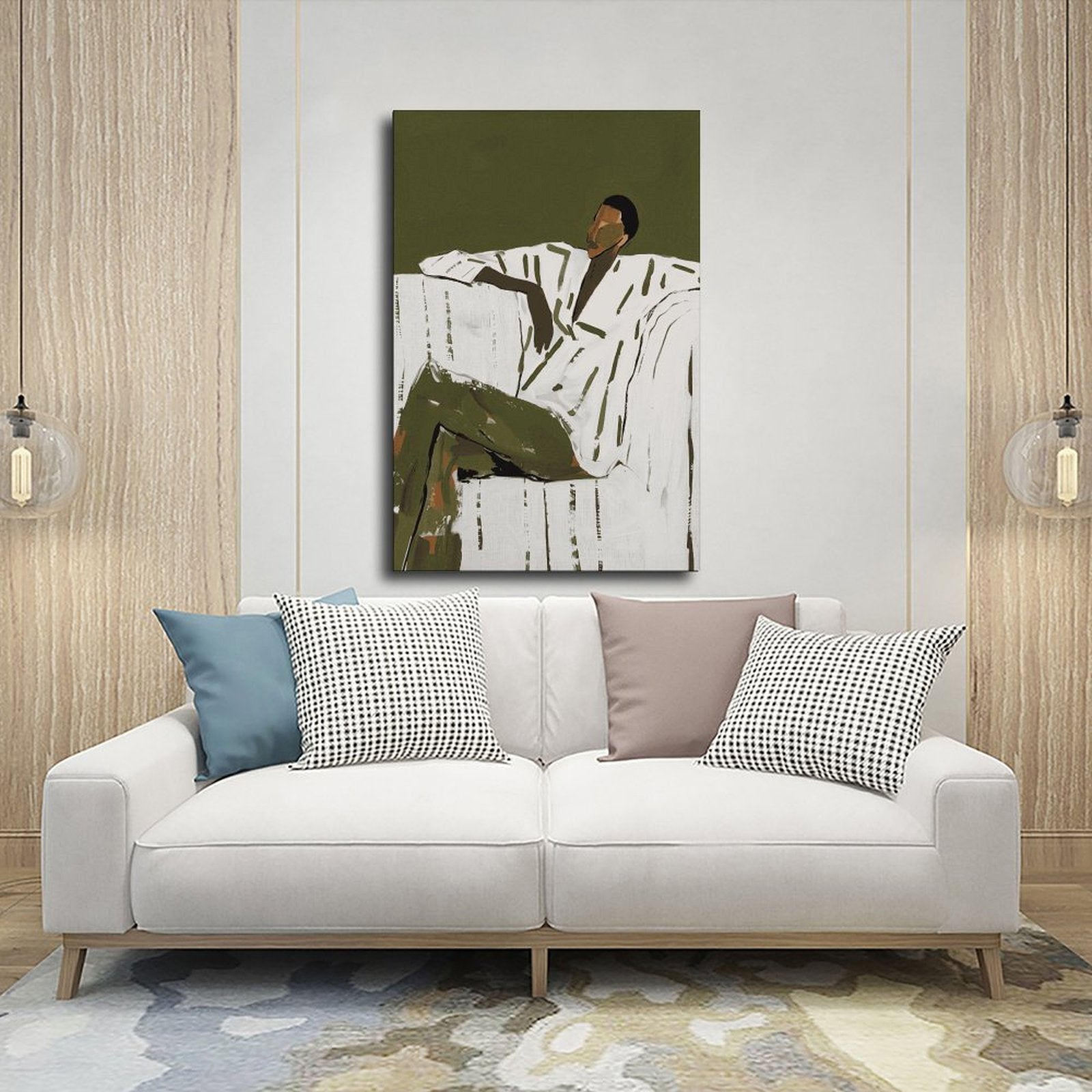 seated man in a white shirt and olive trousers in minimalist figurative art style — Wrapped Canvas SCENE_03