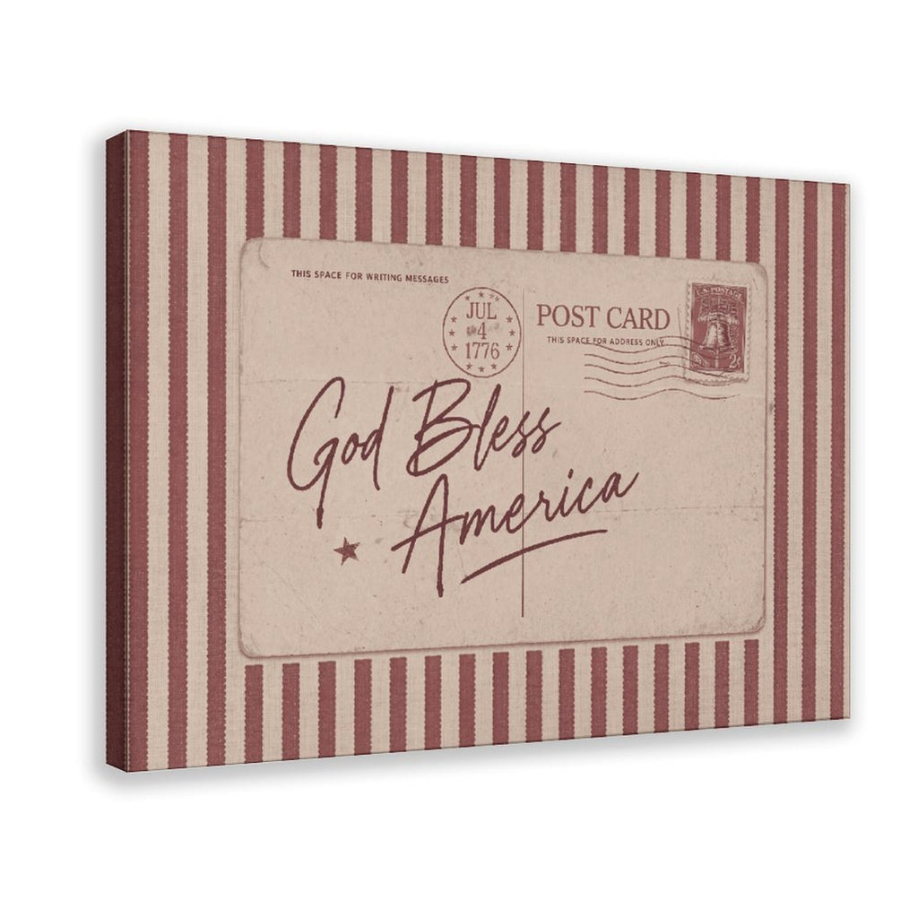vintage patriotic postcard with God Bless America lettering in typography art style — Wrapped Canvas HERO