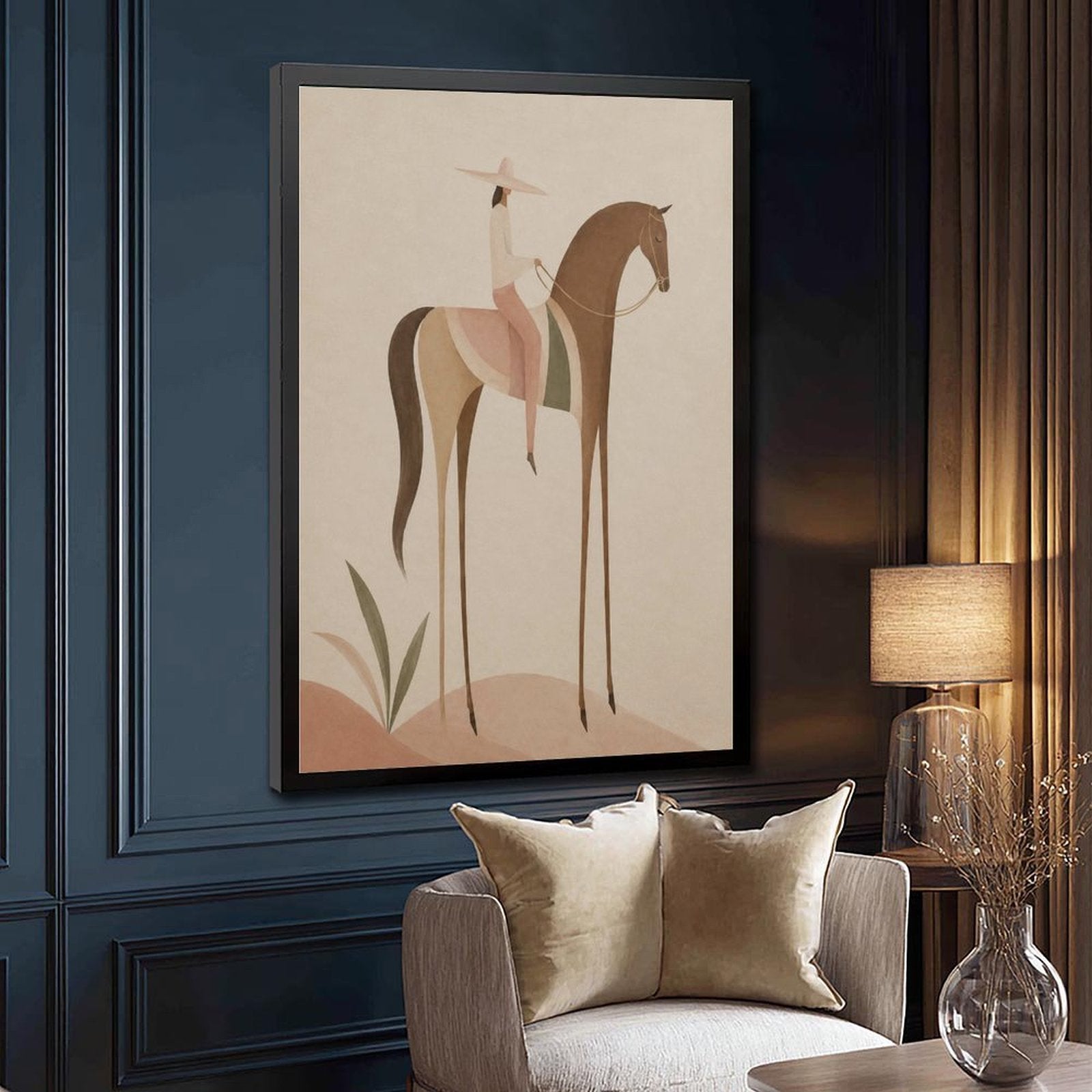 Soft Blush Long Horse canvas wall art featuring a graceful long-limbed horse in soft blush pink, warm beige, muted cream tones, displayed in the Solid Wood Black Frame style