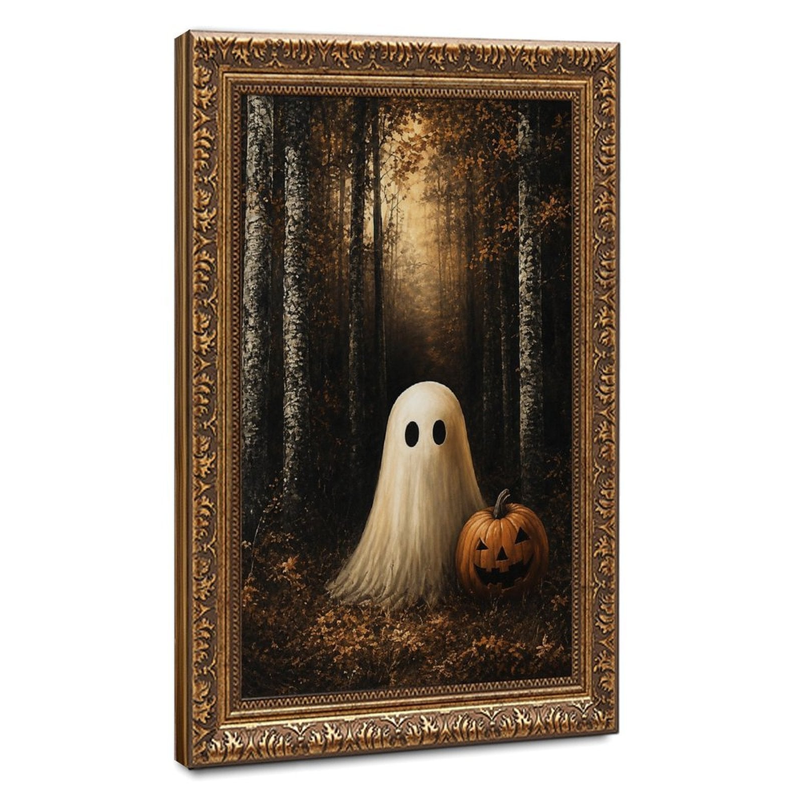 sheet ghost beside a carved pumpkin in an autumn forest in black, amber, cream tones — Vintage Gold Frame HERO