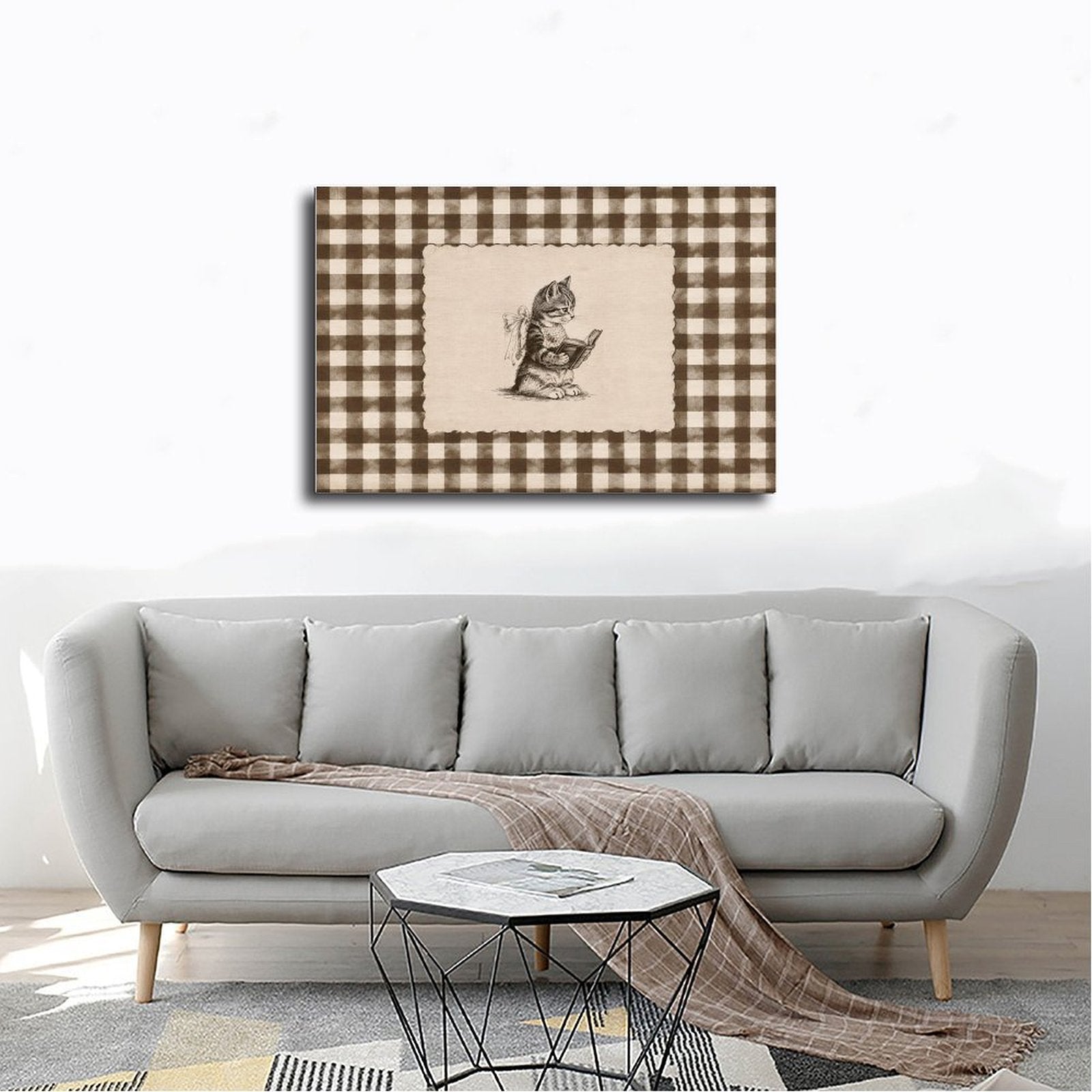small rabbit reading a book in brown, cream, black tones — Wrapped Canvas SCENE_02