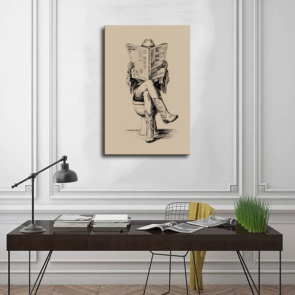 cowboy seated on a toilet reading a newspaper in black, warm cream tones — Wrapped Canvas SCENE_01