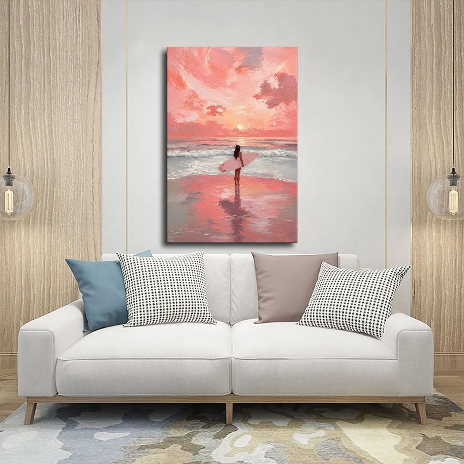 surfer carrying a pink surfboard at the shoreline in coral pink, peach, sky blue tones — Wrapped Canvas SCENE_03