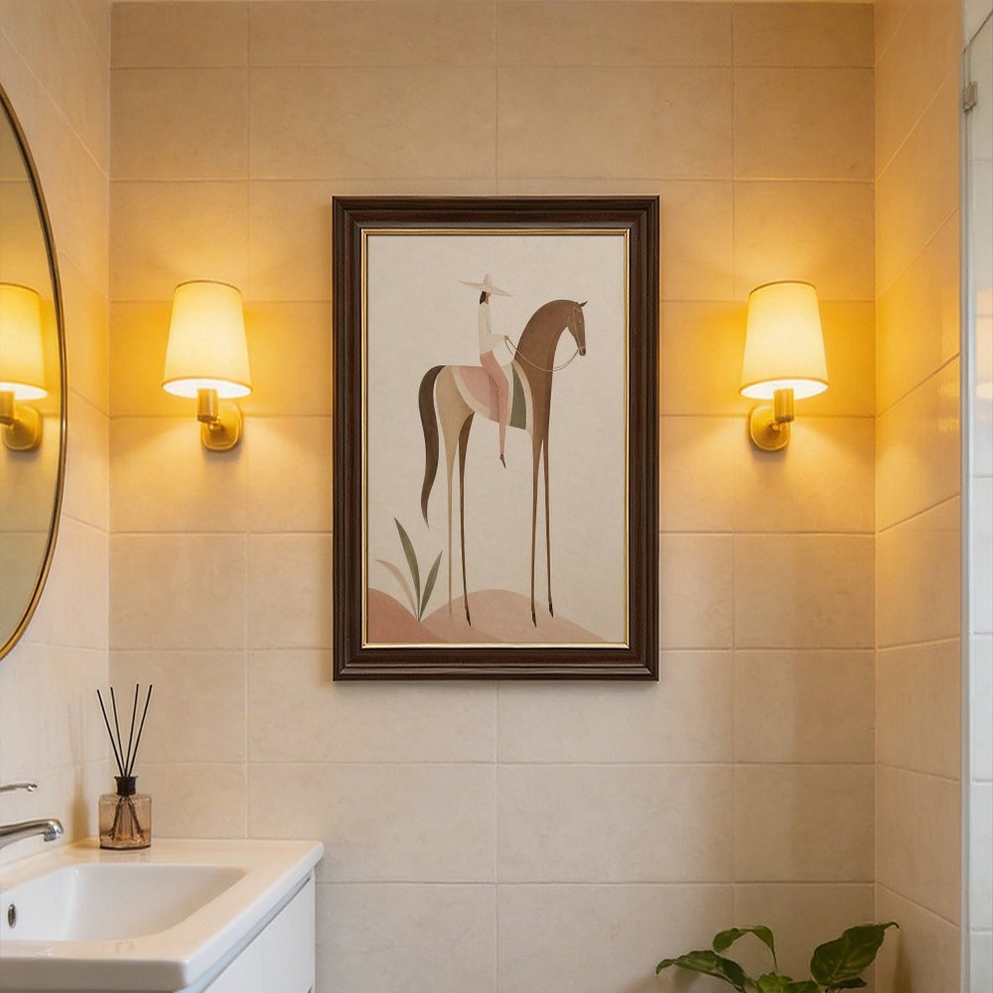 Soft Blush Long Horse canvas wall art featuring a graceful long-limbed horse in soft blush pink, warm beige, muted cream tones, displayed in the Wood Grain Gold Frame style