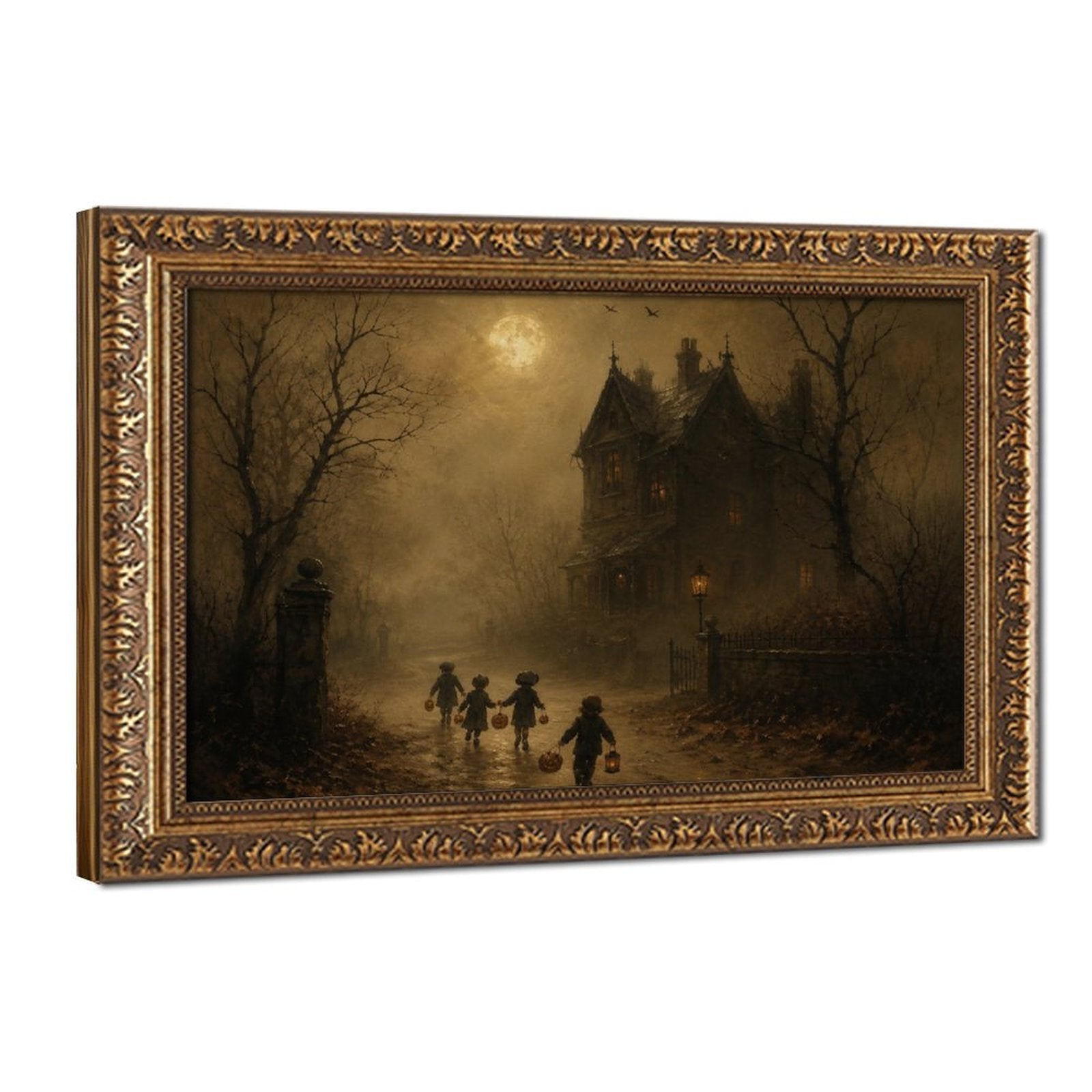 children in Halloween costumes walking toward a haunted house in sepia, black, amber tones — Vintage Gold Frame HERO
