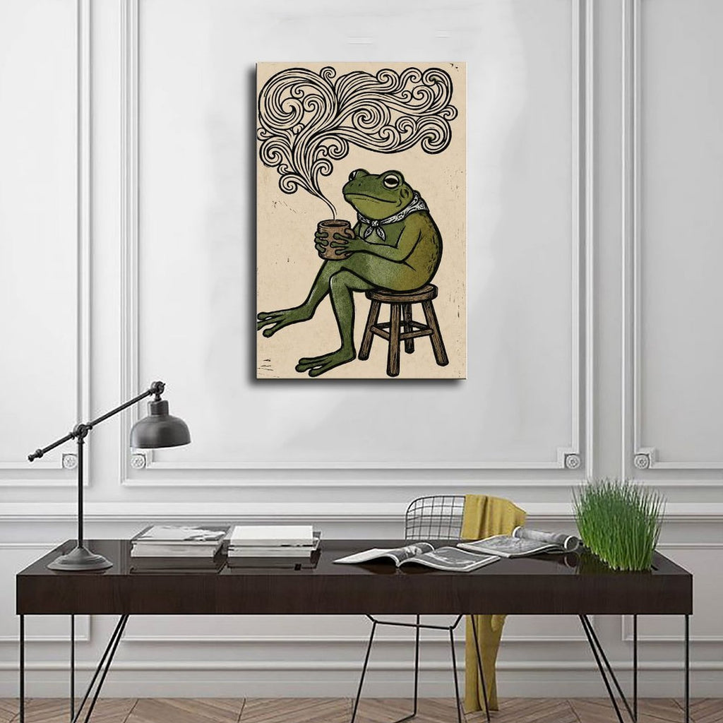 frog seated on a stool holding a steaming cup in forest green, black, cream tones — Wrapped Canvas SCENE_01