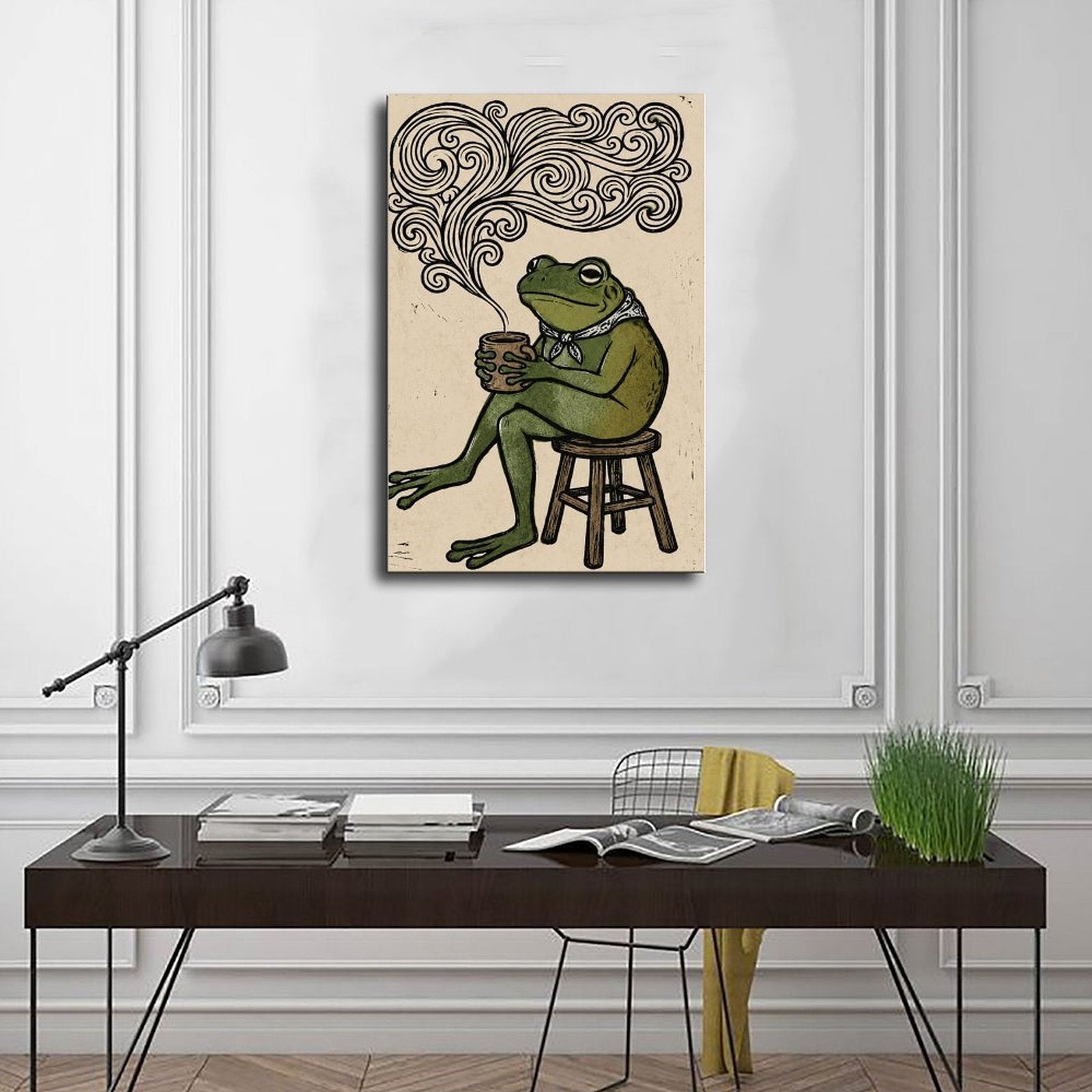 frog seated on a stool holding a steaming cup in forest green, black, cream tones — Wrapped Canvas SCENE_01