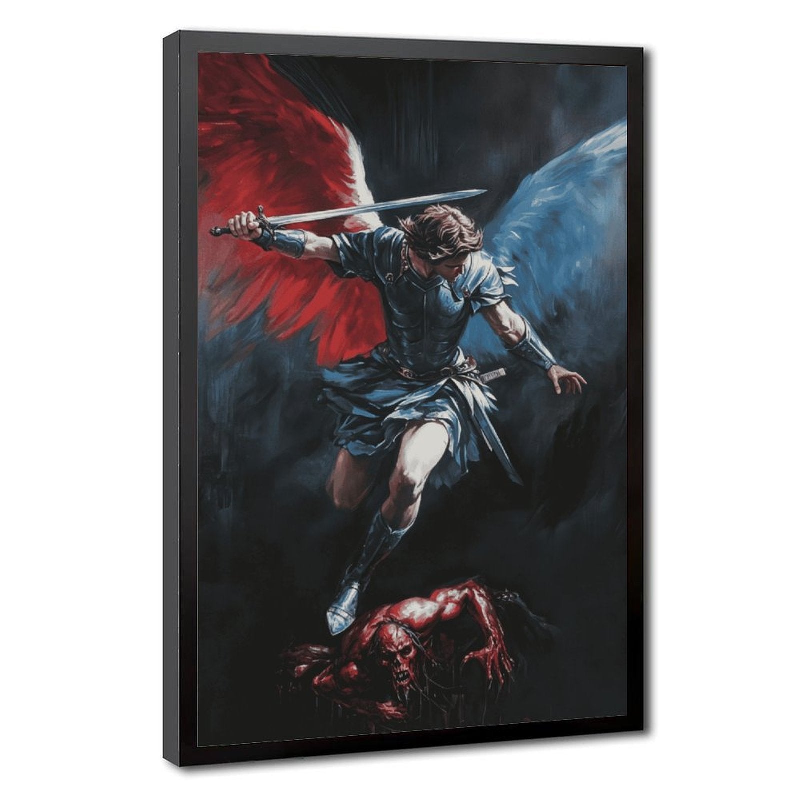 winged archangel warrior battling a red dragon in religious fantasy art style — Black Frame HERO