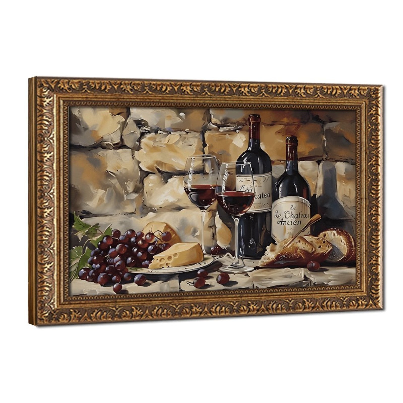 wine bottles, glasses, grapes, cheese, and bread in painterly still life style — Vintage Gold Frame HERO