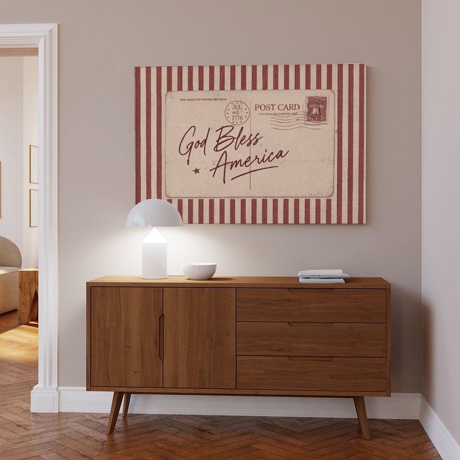 vintage patriotic postcard with God Bless America lettering in typography art style — Wrapped Canvas SCENE_04