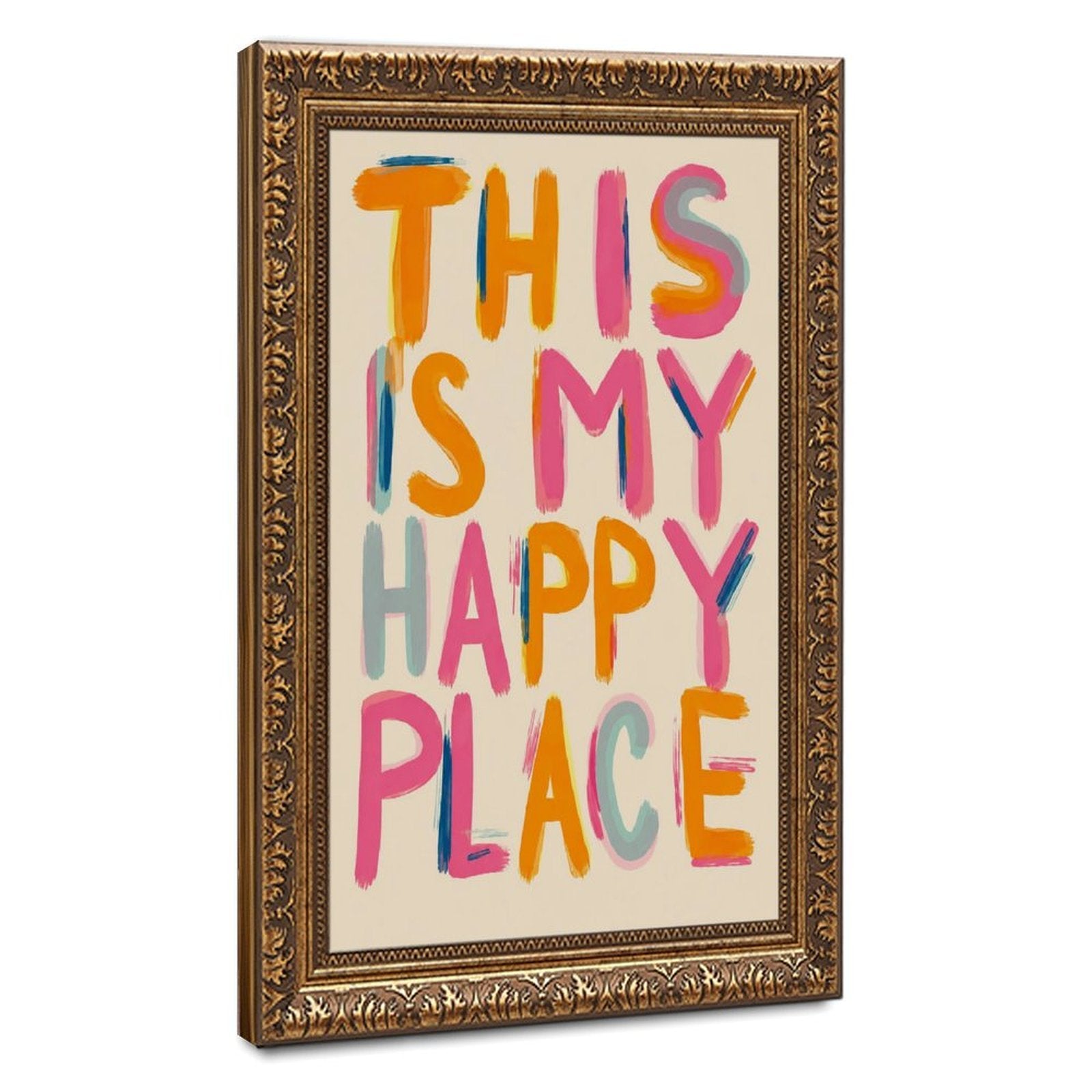 colorful hand-painted typography in orange, pink, aqua tones — Vintage Gold Frame HERO