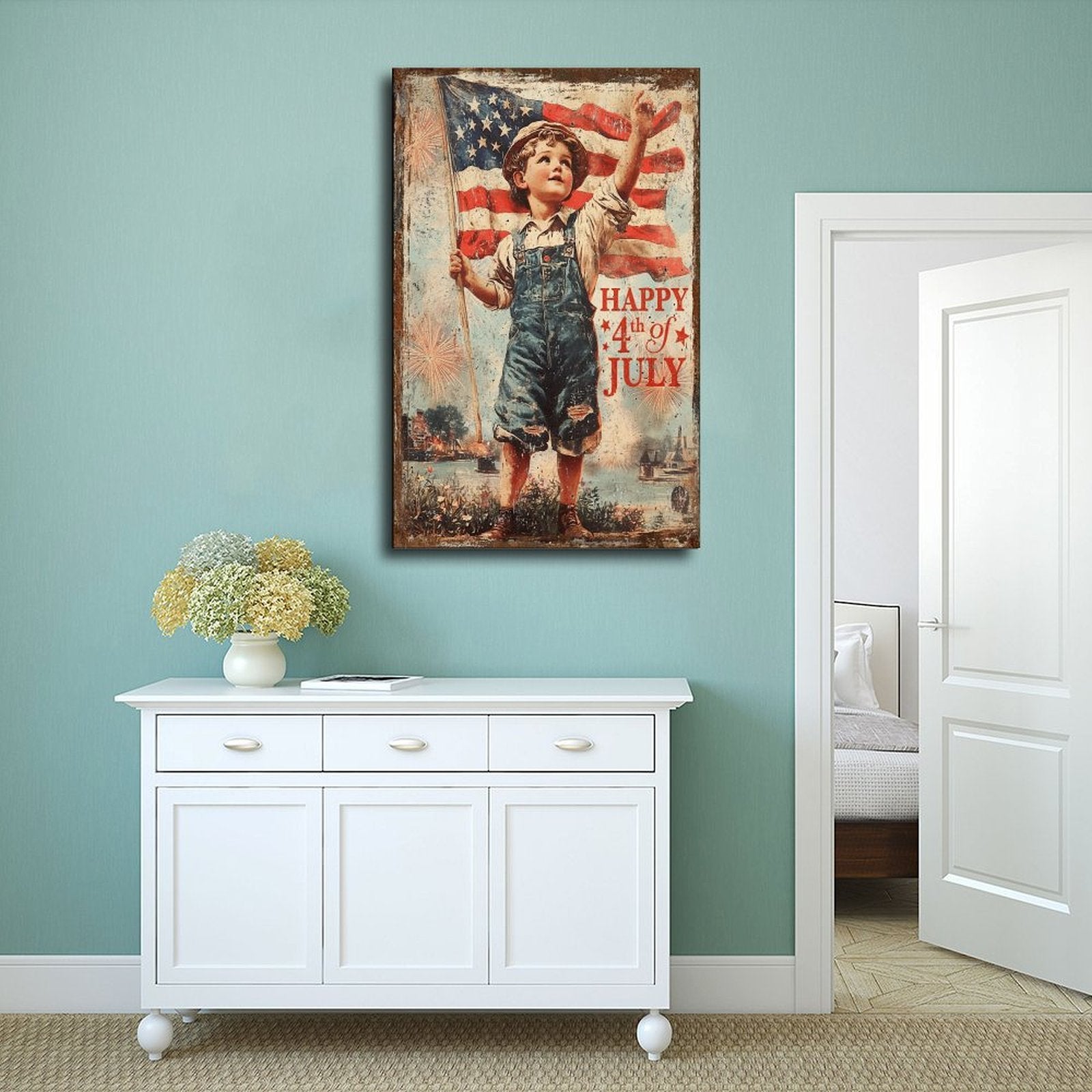vintage patriotic boy holding an American flag in vintage illustration style — Wrapped Canvas SCENE_02