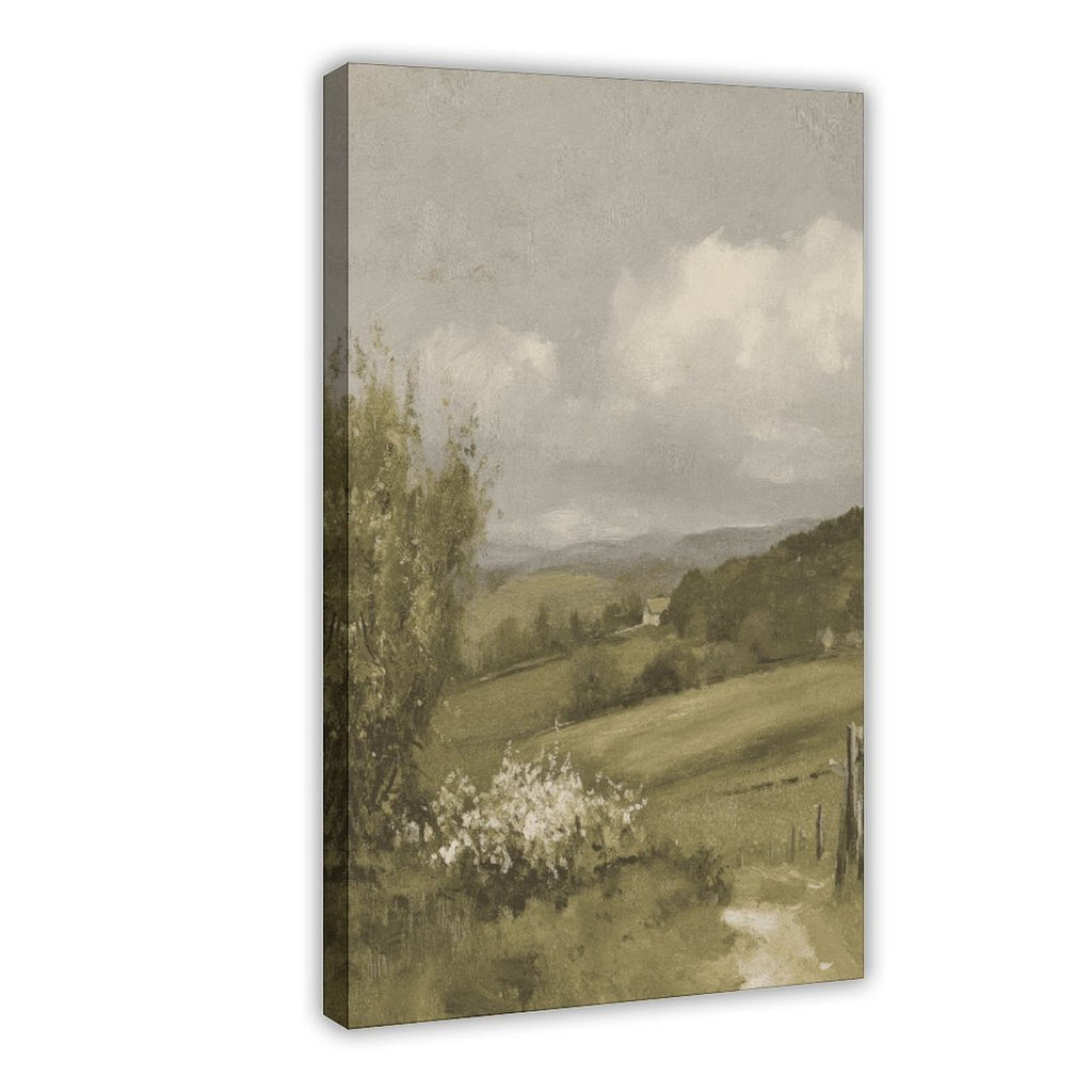 misty countryside valley with a small house and winding path in landscape painting style — Wrapped Canvas HERO