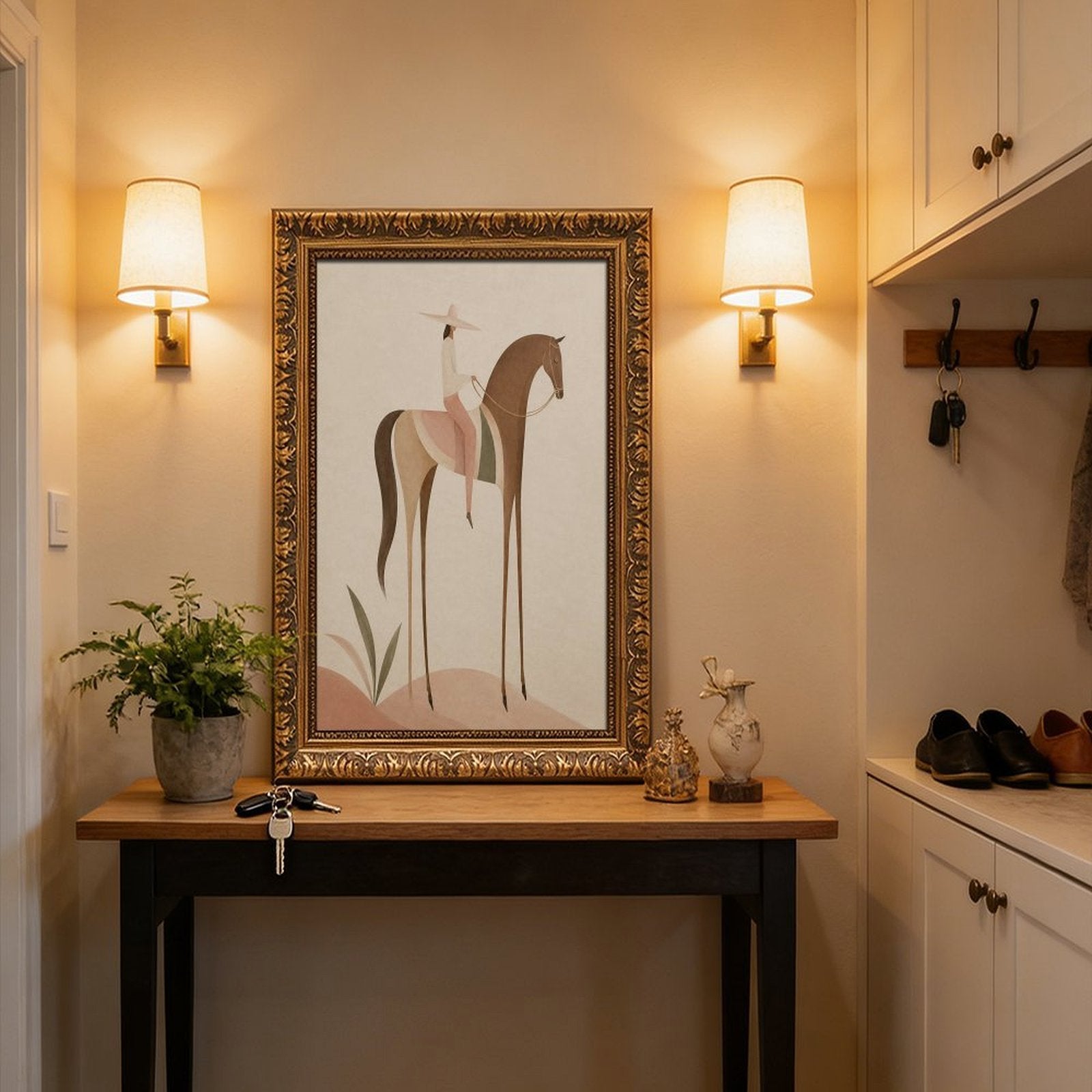 Soft Blush Long Horse canvas wall art featuring a graceful long-limbed horse in soft blush pink, warm beige, muted cream tones, displayed in the Vintage Pattern Gold Frame style