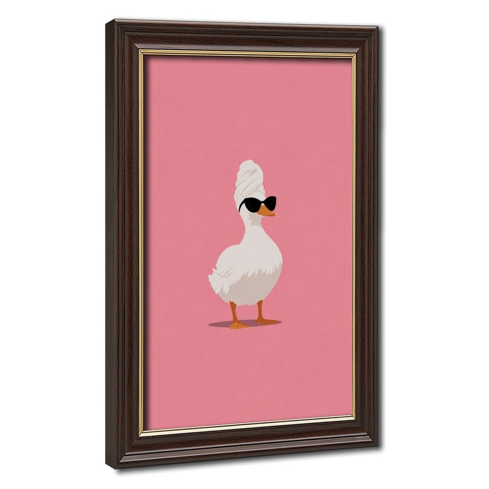 white duck wearing a towel turban and black sunglasses in pink, white, black tones — Wood Grain Gold Frame HERO