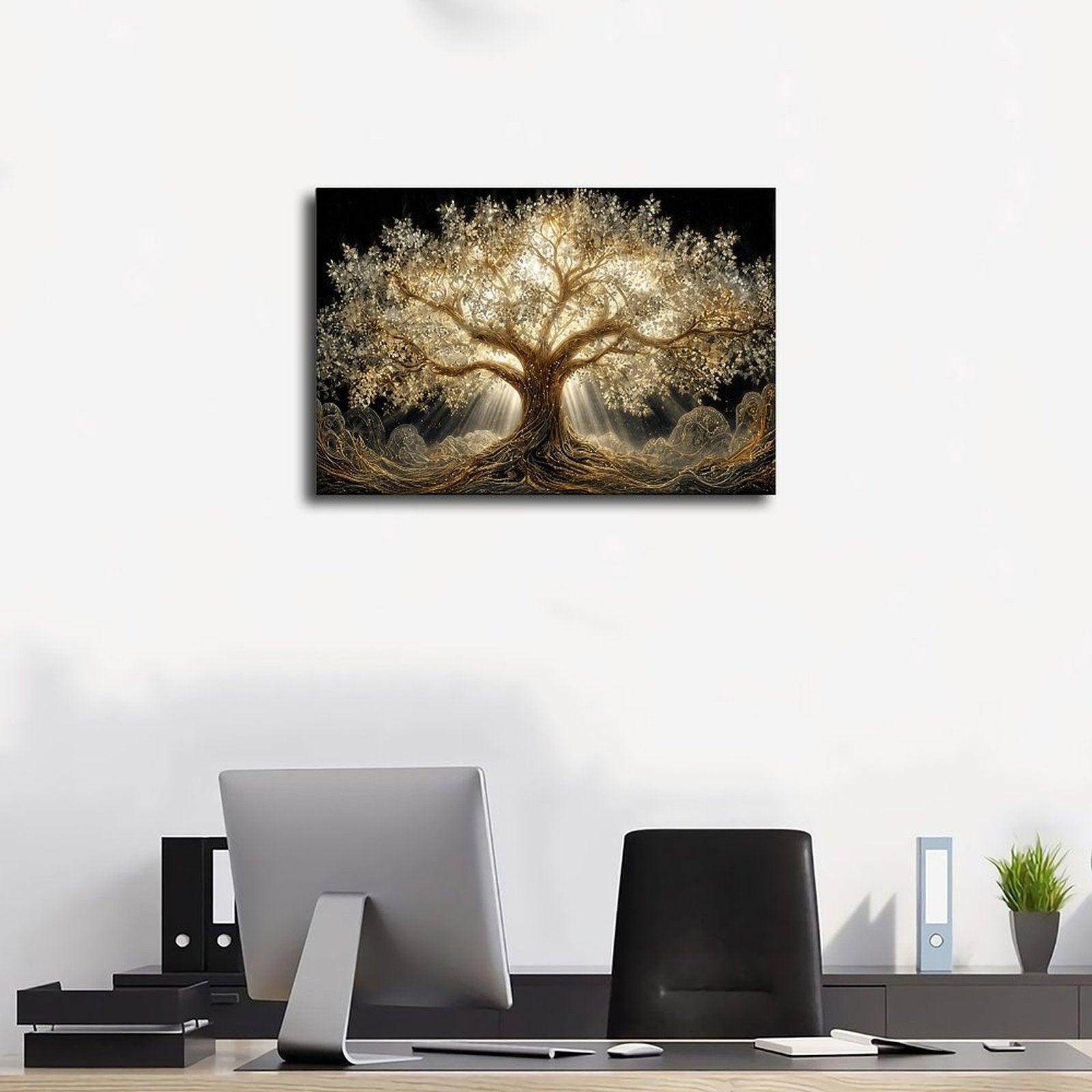 luminous golden tree with sprawling roots and branches in gold, black, warm white tones — Wrapped Canvas SCENE_01