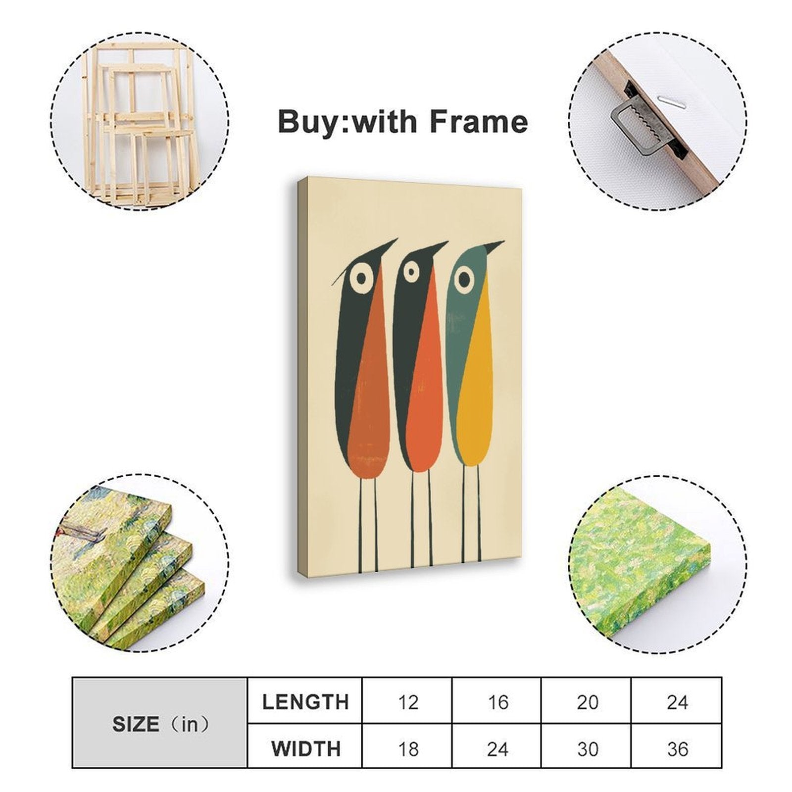 three stylized long-beaked birds in geometric illustration style — Wrapped Canvas SIZE_GUIDE