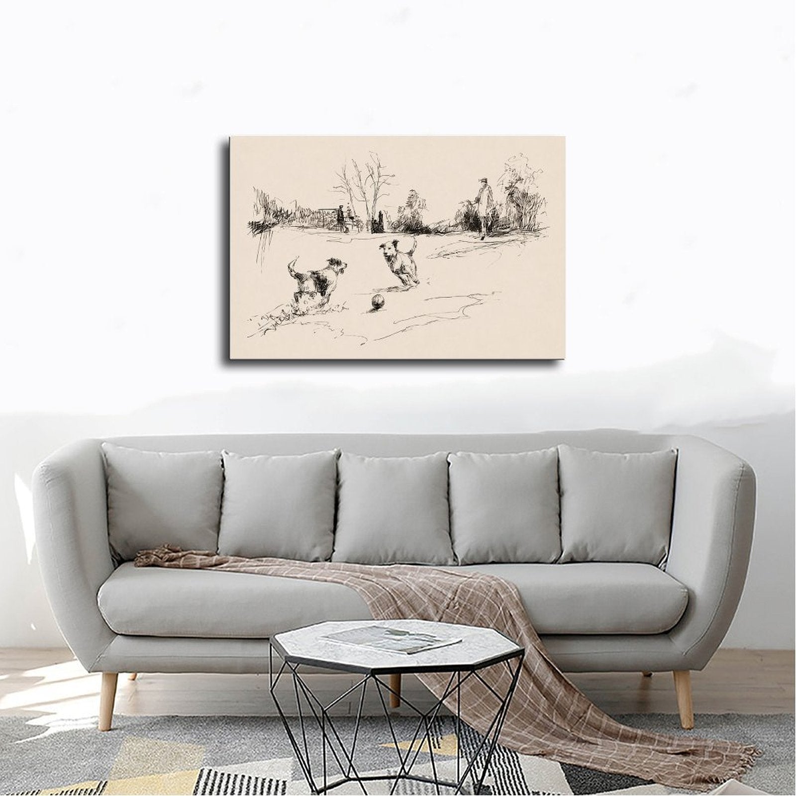 two dogs playing with a ball in black, warm cream tones — Wrapped Canvas SCENE_02